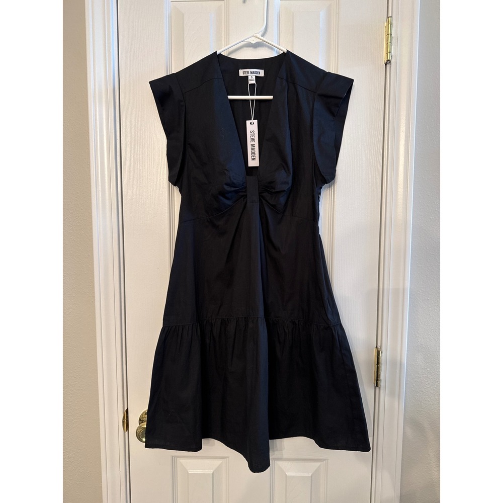 Steve Madden Black Cotton V-Neck Flutter Sleeve Tiered Mini Dress BN28059W Small